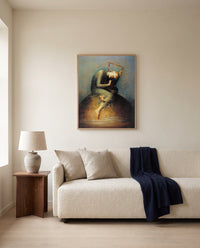 Hope by George Frederic Watts framed in natural oak above a cream sofa in a warm living room