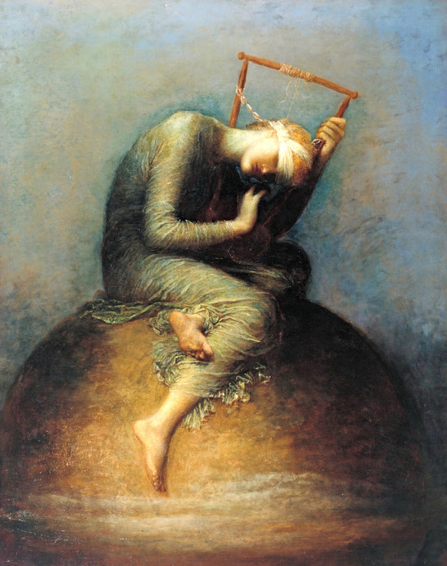 Hope by George Frederic Watts: a blindfolded woman in grey-green drapery sits on a globe, bent over a lyre, blue-grey sky