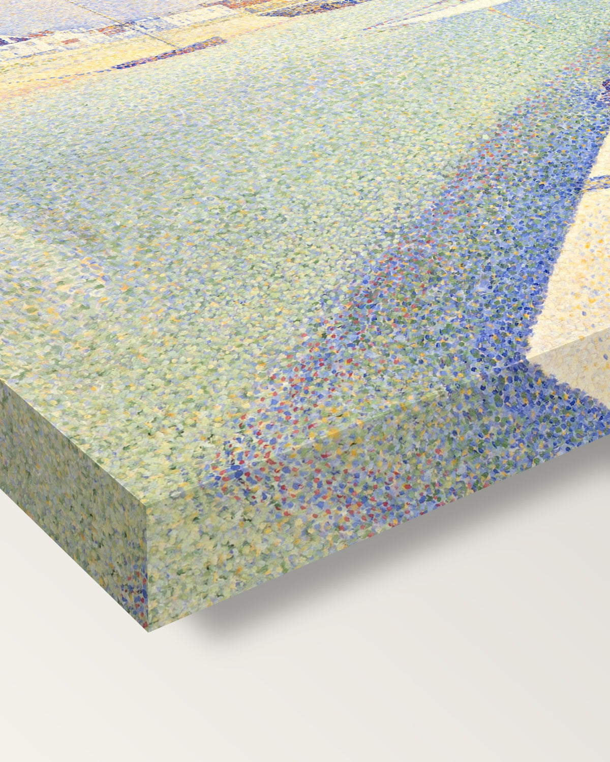 The Channel of Gravelines by Georges Seurat on stretched canvas, corner close-up: the painting mirror-wrapped round the sides