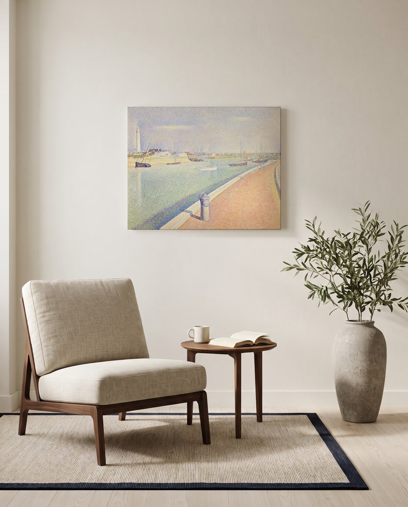 The Channel of Gravelines by Georges Seurat as a stretched canvas above a linen lounge chair in a reading corner
