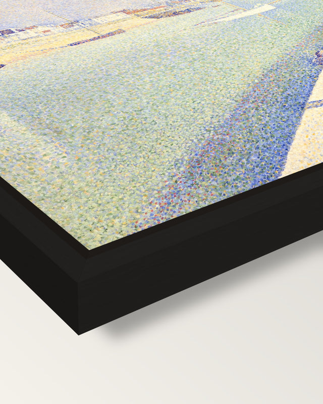 The Channel of Gravelines by Seurat framed canvas, corner close-up: a black floating frame with a shadow gap round the canvas