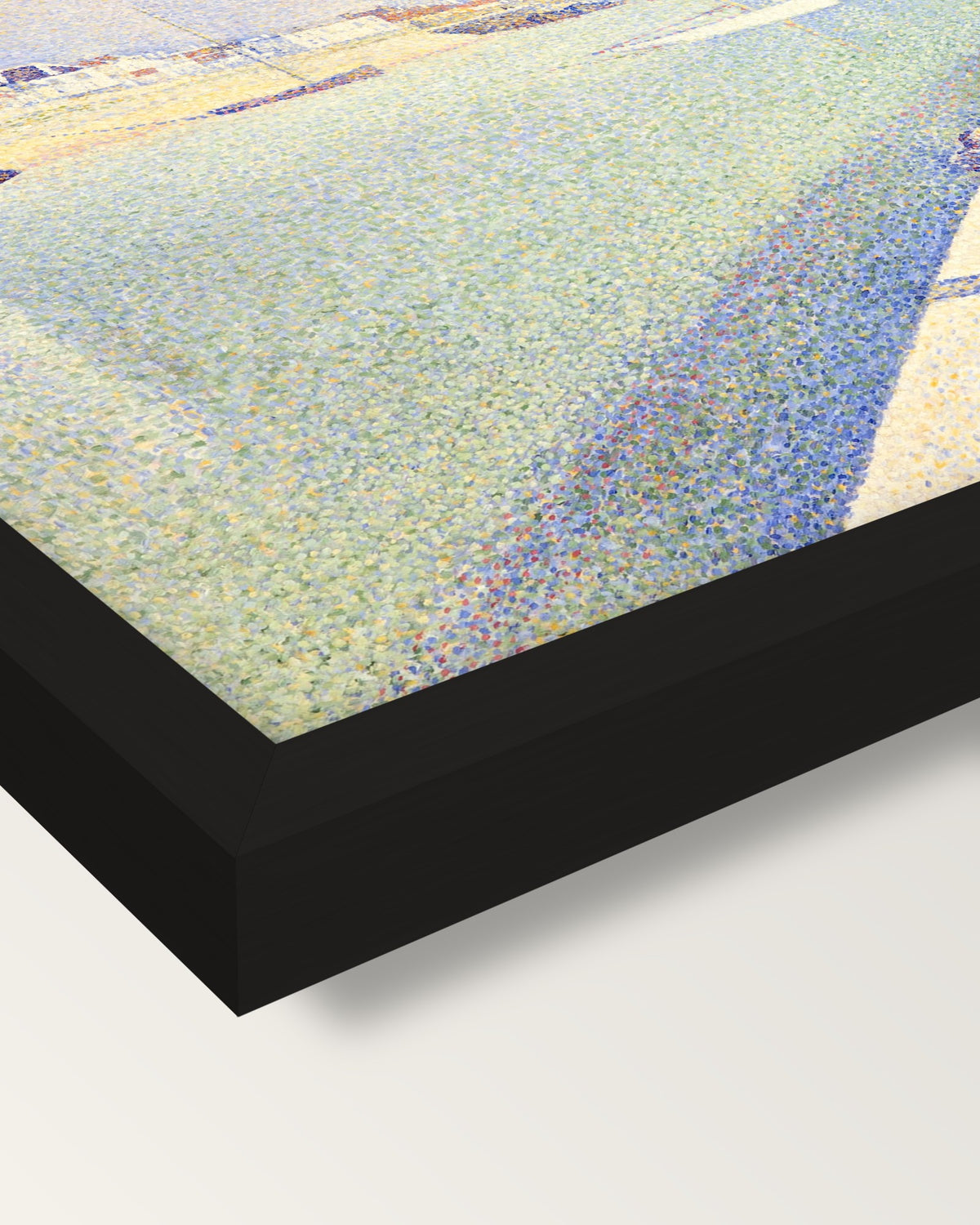 The Channel of Gravelines by Seurat framed print, corner close-up: black moulding, mitred, the print set just below its edge