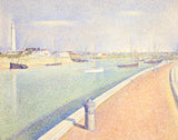 The Channel of Gravelines by Georges Seurat: a curving quay beside a calm channel, sailboats and a lighthouse in pale light