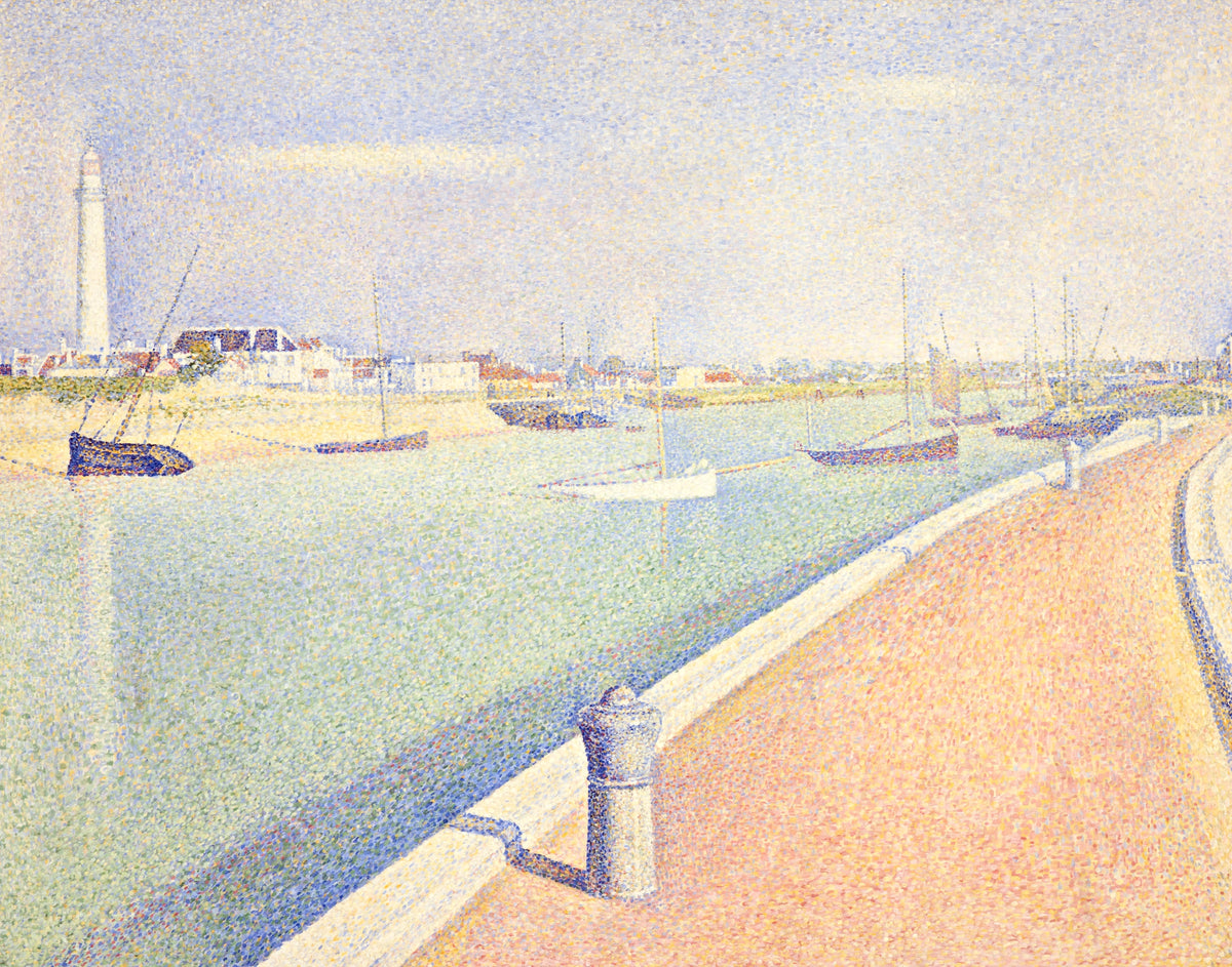 The Channel of Gravelines by Georges Seurat: a curving quay beside a calm channel, sailboats and a lighthouse in pale light