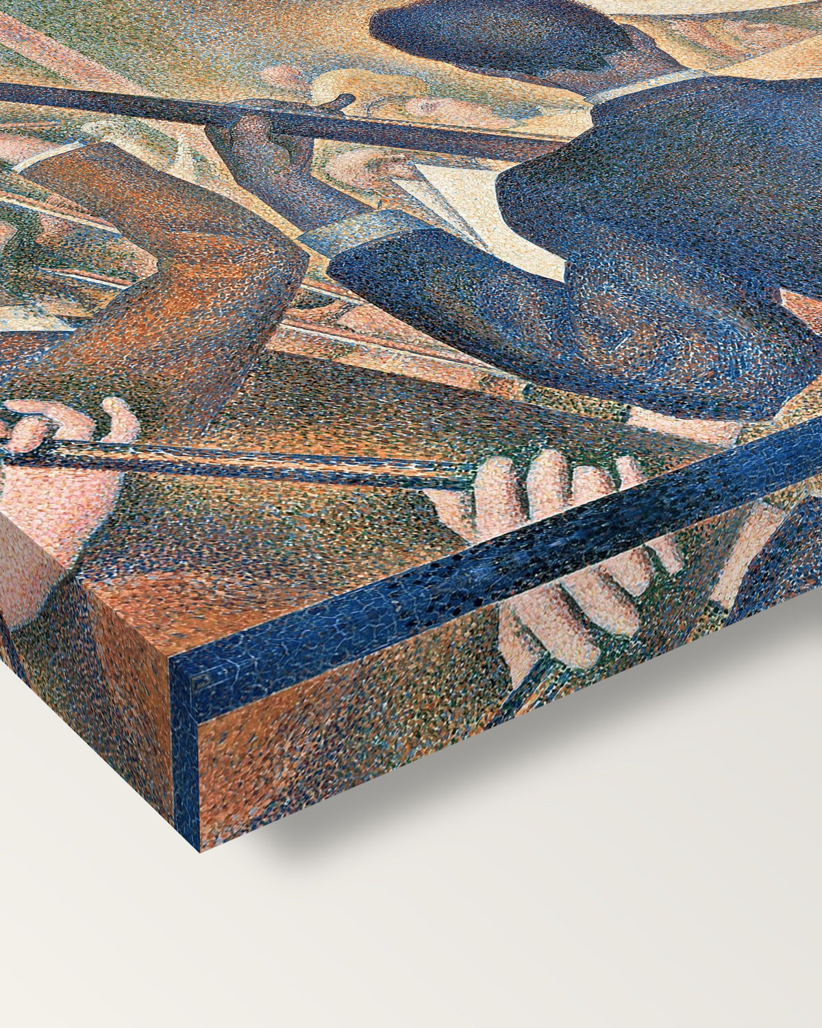 Le Chahut by Georges Seurat on stretched canvas, corner close-up: the painting mirror-wrapped round the sides