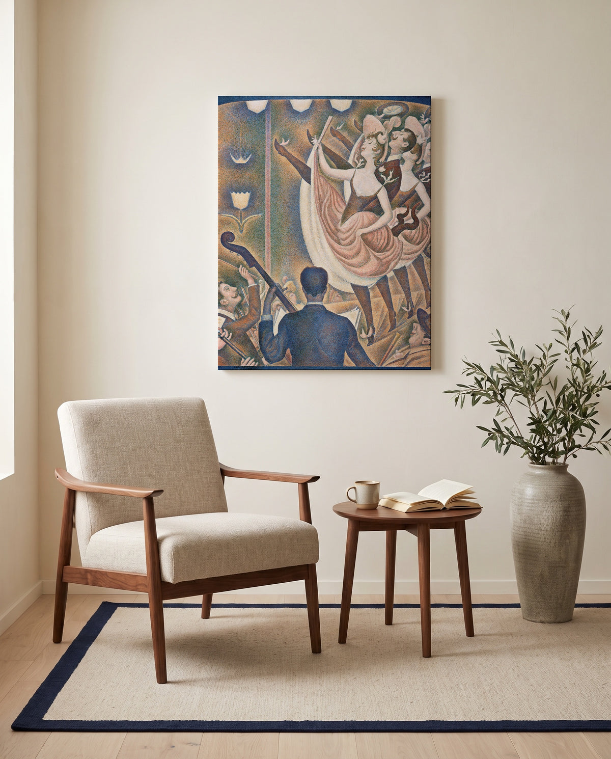 Le Chahut by Georges Seurat as a stretched canvas above a linen lounge chair in a reading corner