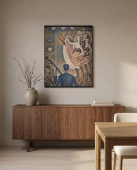 Le Chahut by Georges Seurat in a black frame above a walnut sideboard in a dining room