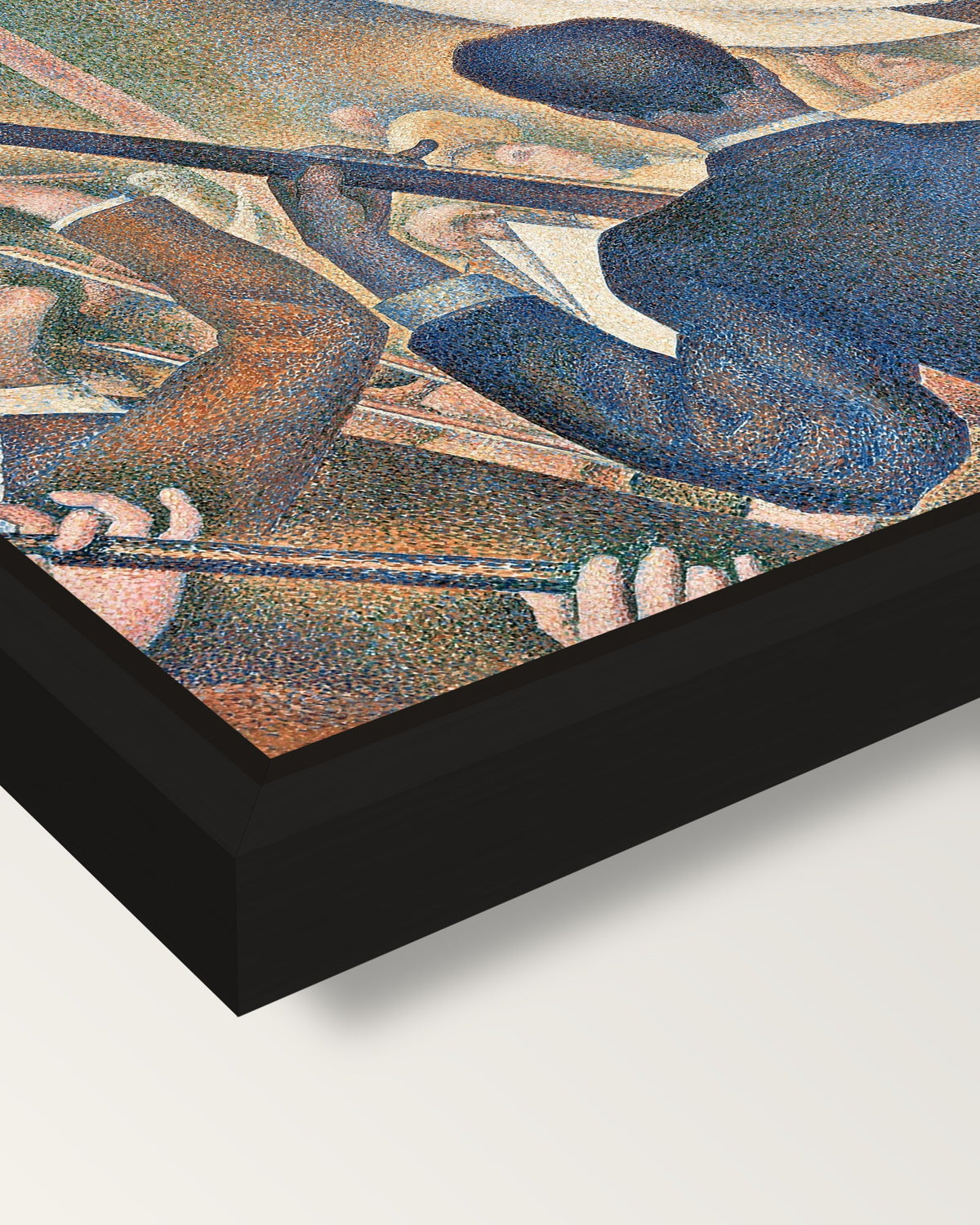 Le Chahut by Georges Seurat framed canvas, corner close-up: a black floating frame with a shadow gap round the canvas