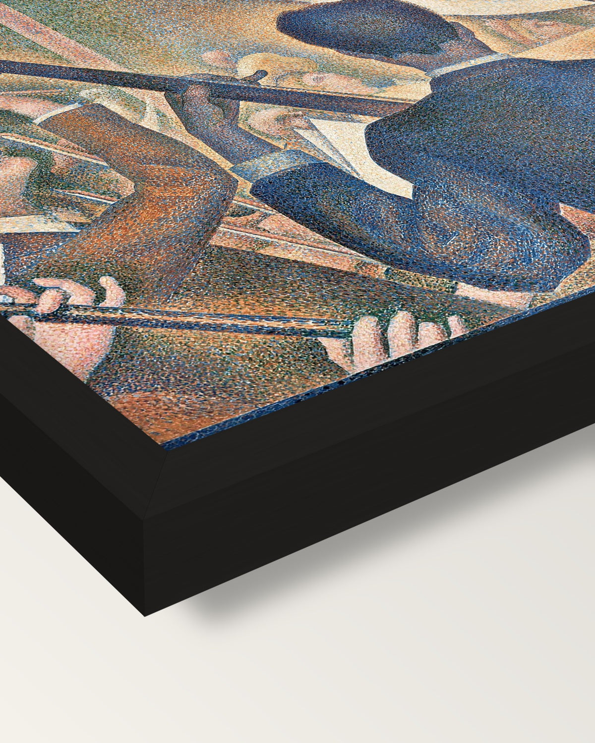 Le Chahut by Georges Seurat framed print, corner close-up: black moulding, mitred, the print set just below its edge