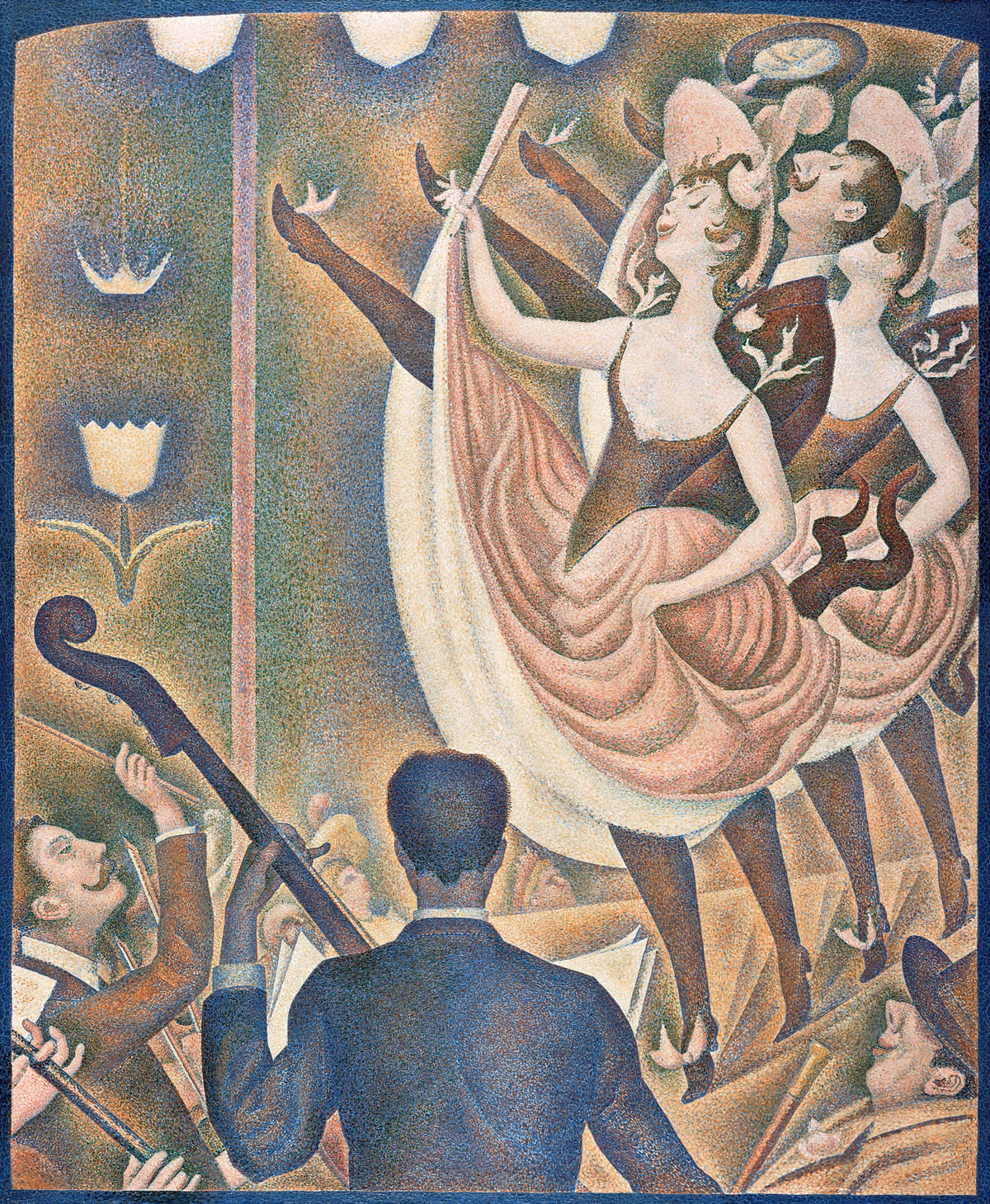 Le Chahut by Georges Seurat: a row of can-can dancers kicking high under lamps, a double-bass player in front