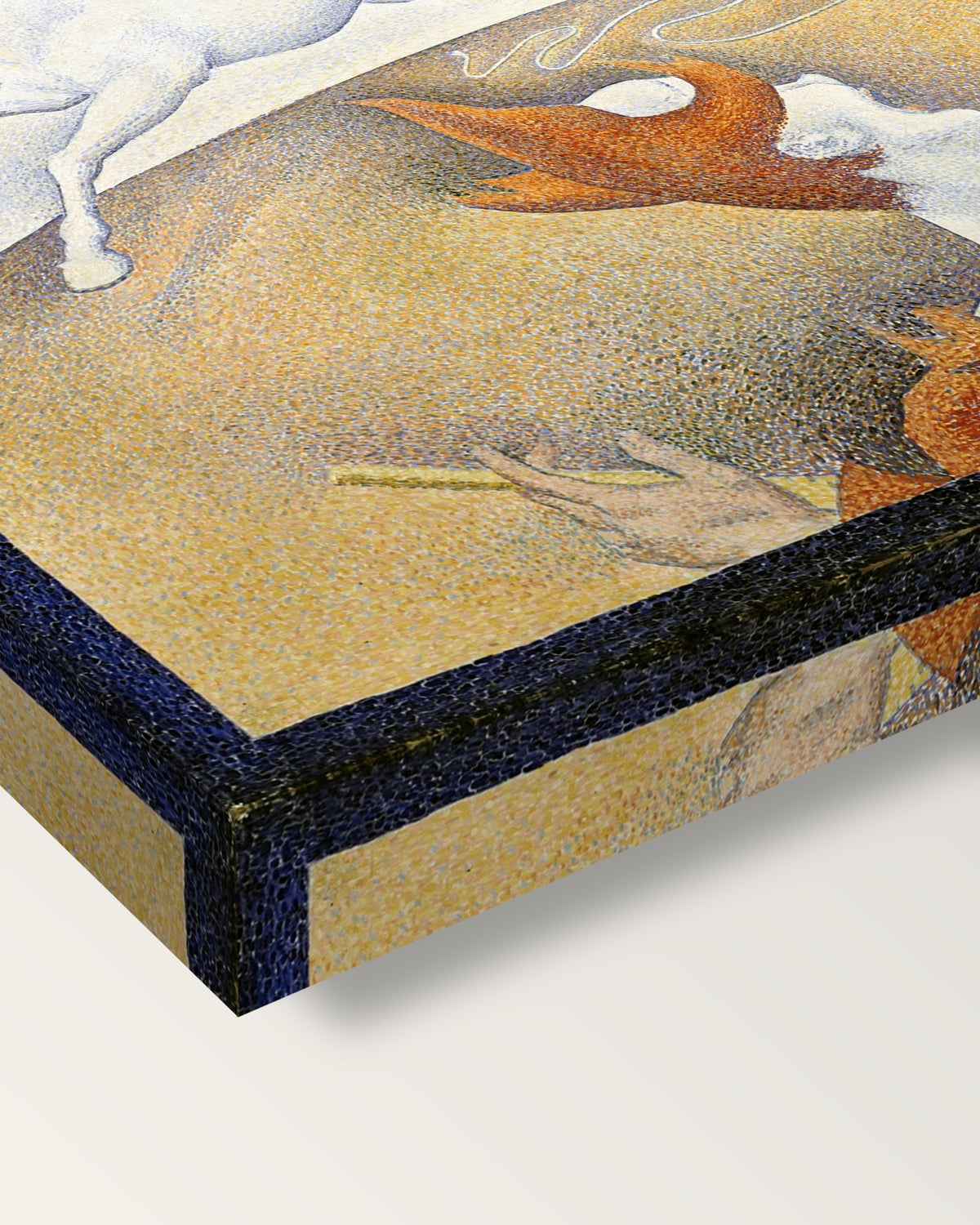 The Circus by Georges Seurat on stretched canvas, corner close-up: the painting mirror-wrapped round the sides