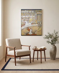 The Circus by Georges Seurat as a stretched canvas above a linen lounge chair in a reading corner
