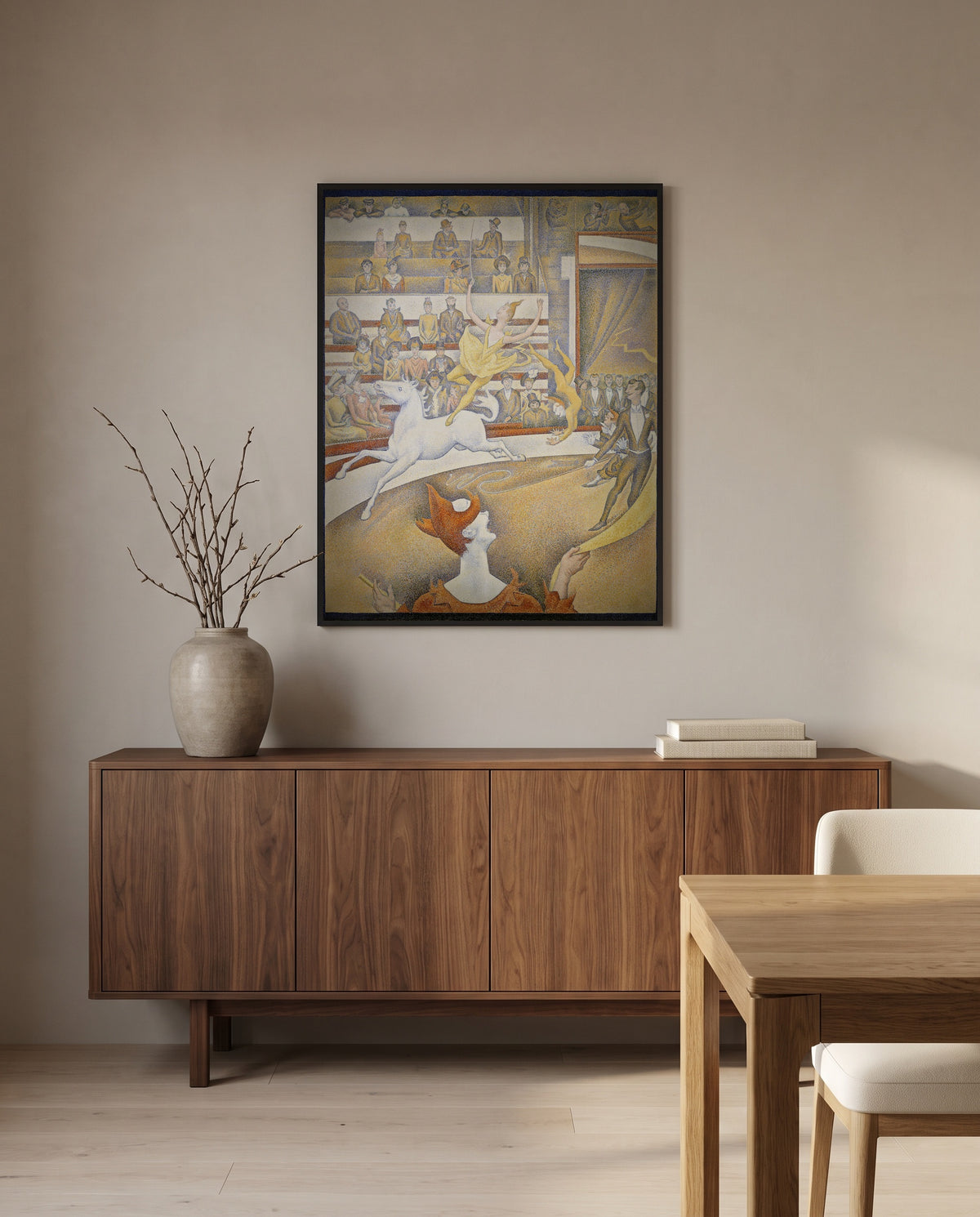 The Circus by Georges Seurat in a black frame above a walnut sideboard in a dining room