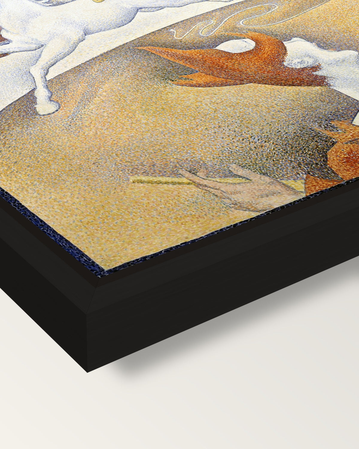 The Circus by Georges Seurat framed canvas, corner close-up: a black floating frame with a shadow gap round the canvas