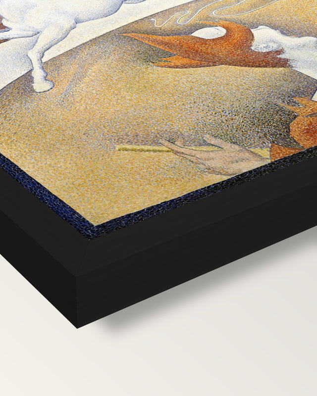 The Circus by Georges Seurat framed print, corner close-up: black moulding, mitred, the print set just below its edge