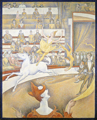 The Circus by Georges Seurat: a rider on a galloping white horse, acrobats and a clown, rows of spectators behind