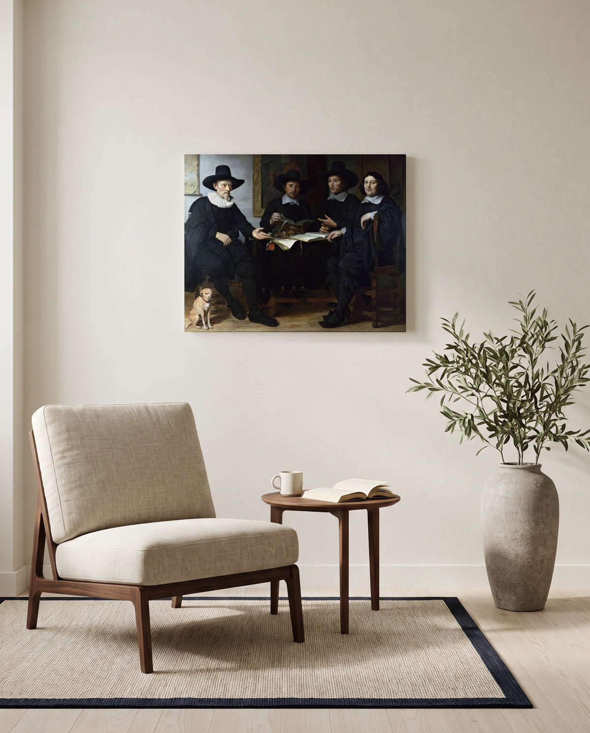 Four Guild Officers by Gerbrand van den Eeckhout as a stretched canvas above a linen lounge chair in a reading corner
