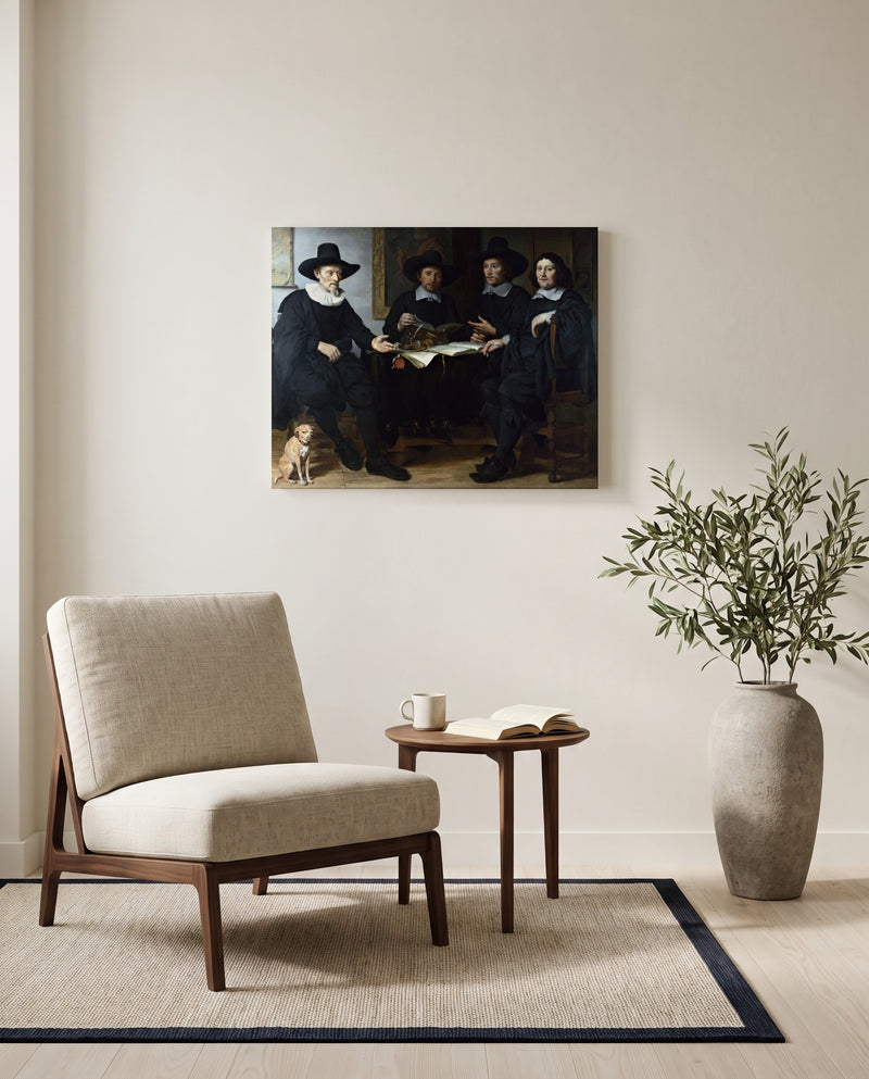Four Guild Officers by Gerbrand van den Eeckhout as a stretched canvas above a linen lounge chair in a reading corner
