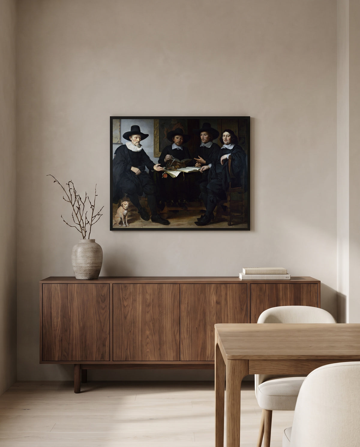 Four Guild Officers by Gerbrand van den Eeckhout in a black frame above a walnut sideboard in a dining room