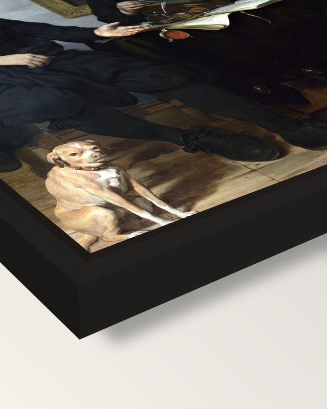 Four Guild Officers framed canvas, corner close-up: a black floating frame with a shadow gap round the canvas