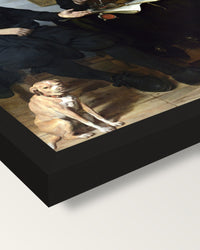 Four Guild Officers framed print, corner close-up: black moulding, mitred, the print set just below its edge