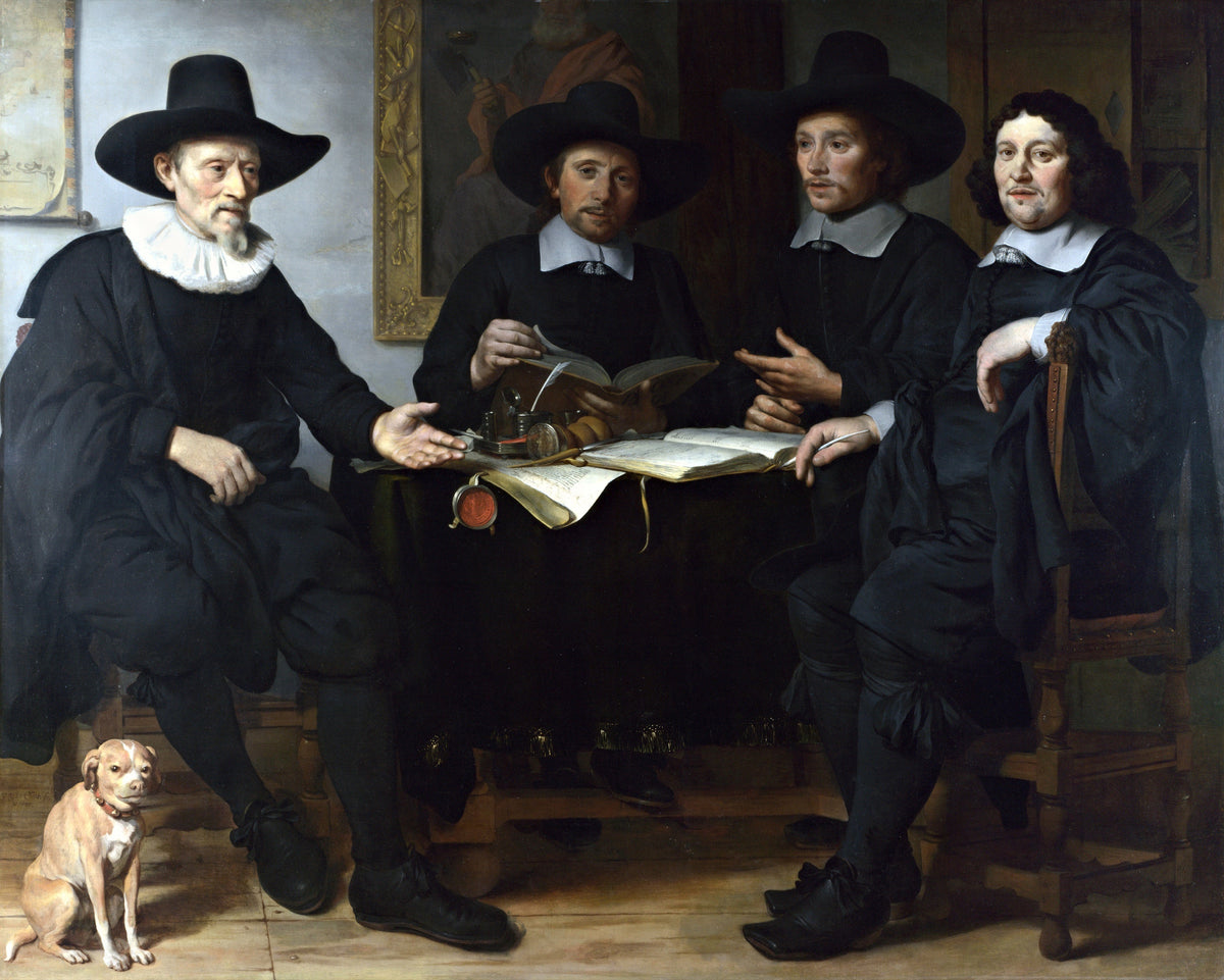 Four Officers of the Coopers’ Guild by van den Eeckhout: four men in black hats at a table, a small dog in front