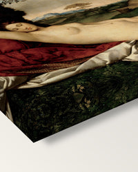 Sleeping Venus by Giorgione on stretched canvas, corner close-up: the painting mirror-wrapped round the sides