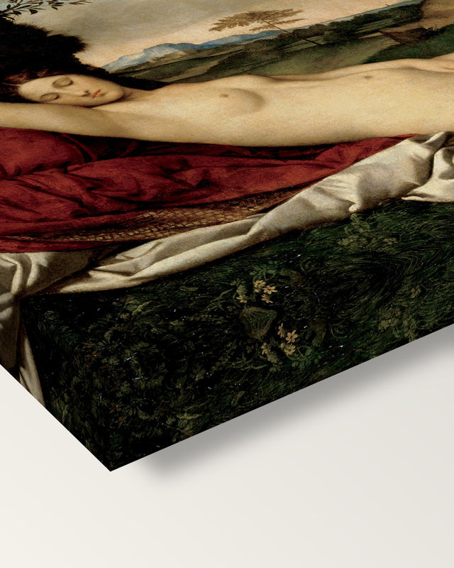Sleeping Venus by Giorgione on stretched canvas, corner close-up: the painting mirror-wrapped round the sides