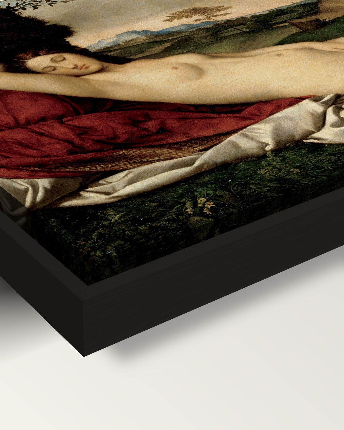 Sleeping Venus framed canvas, corner close-up: the canvas in a slim black floating frame, its painted edge in the shadow gap