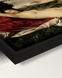 Sleeping Venus framed canvas, corner close-up: the canvas in a slim black floating frame, its painted edge in the shadow gap