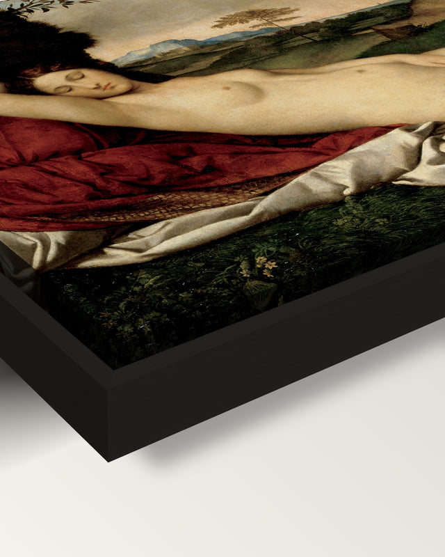 Sleeping Venus framed canvas, corner close-up: the canvas in a slim black floating frame, its painted edge in the shadow gap