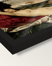 Sleeping Venus by Giorgione framed print, corner close-up: black moulding, the print edge to edge behind plexiglass, no mat