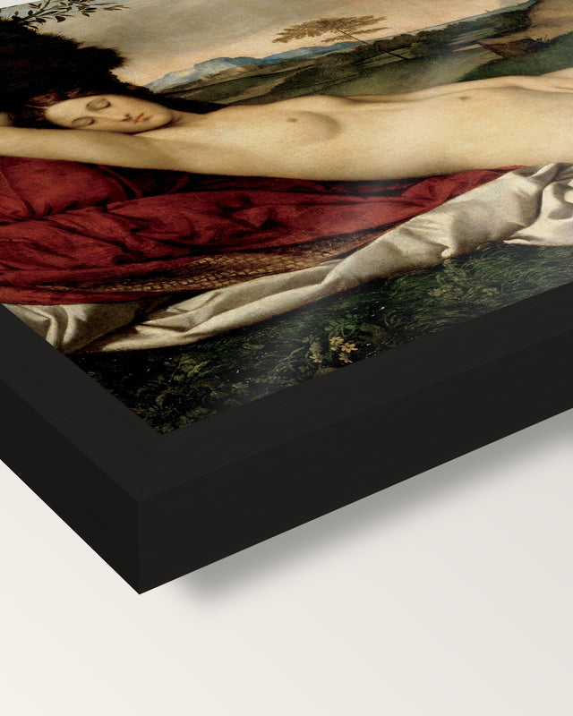 Sleeping Venus by Giorgione framed print, corner close-up: black moulding, the print edge to edge behind plexiglass, no mat