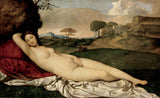 Sleeping Venus by Giorgione: a nude goddess asleep on red and white cloth in a green landscape, a village beyond