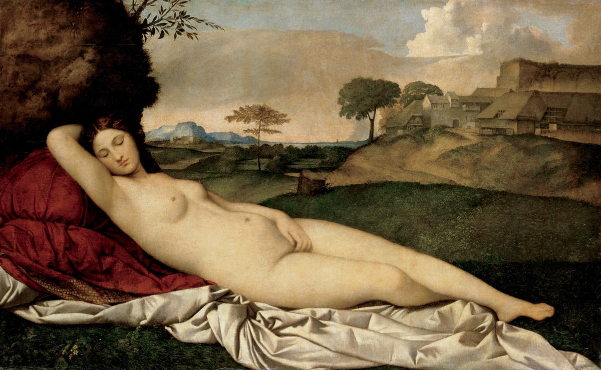 Sleeping Venus by Giorgione: a nude goddess asleep on red and white cloth in a green landscape, a village beyond