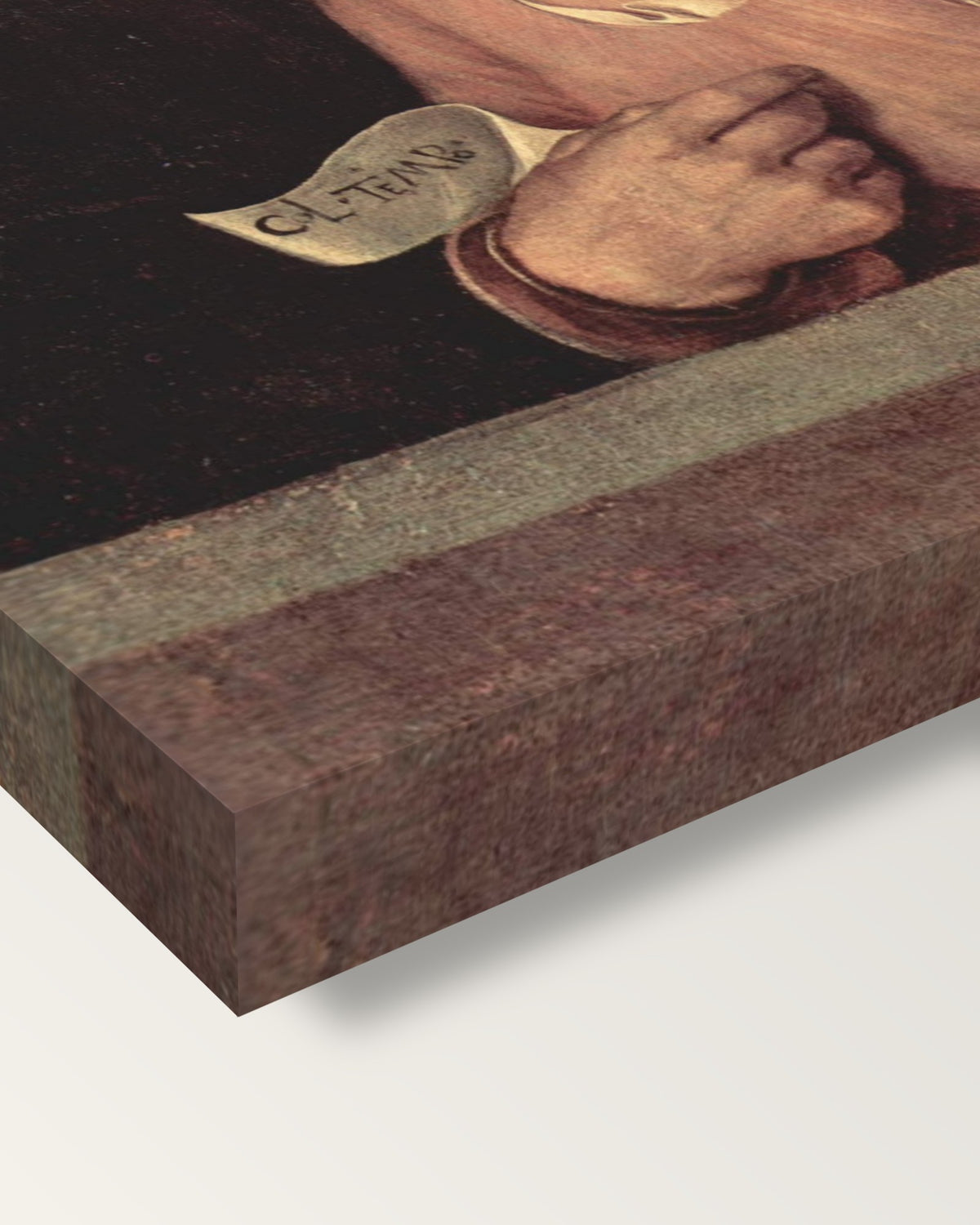 The Old Woman by Giorgione on stretched canvas, corner close-up: the painting mirror-wrapped round the sides