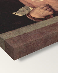 The Old Woman by Giorgione on stretched canvas, corner close-up: the painting mirror-wrapped round the sides
