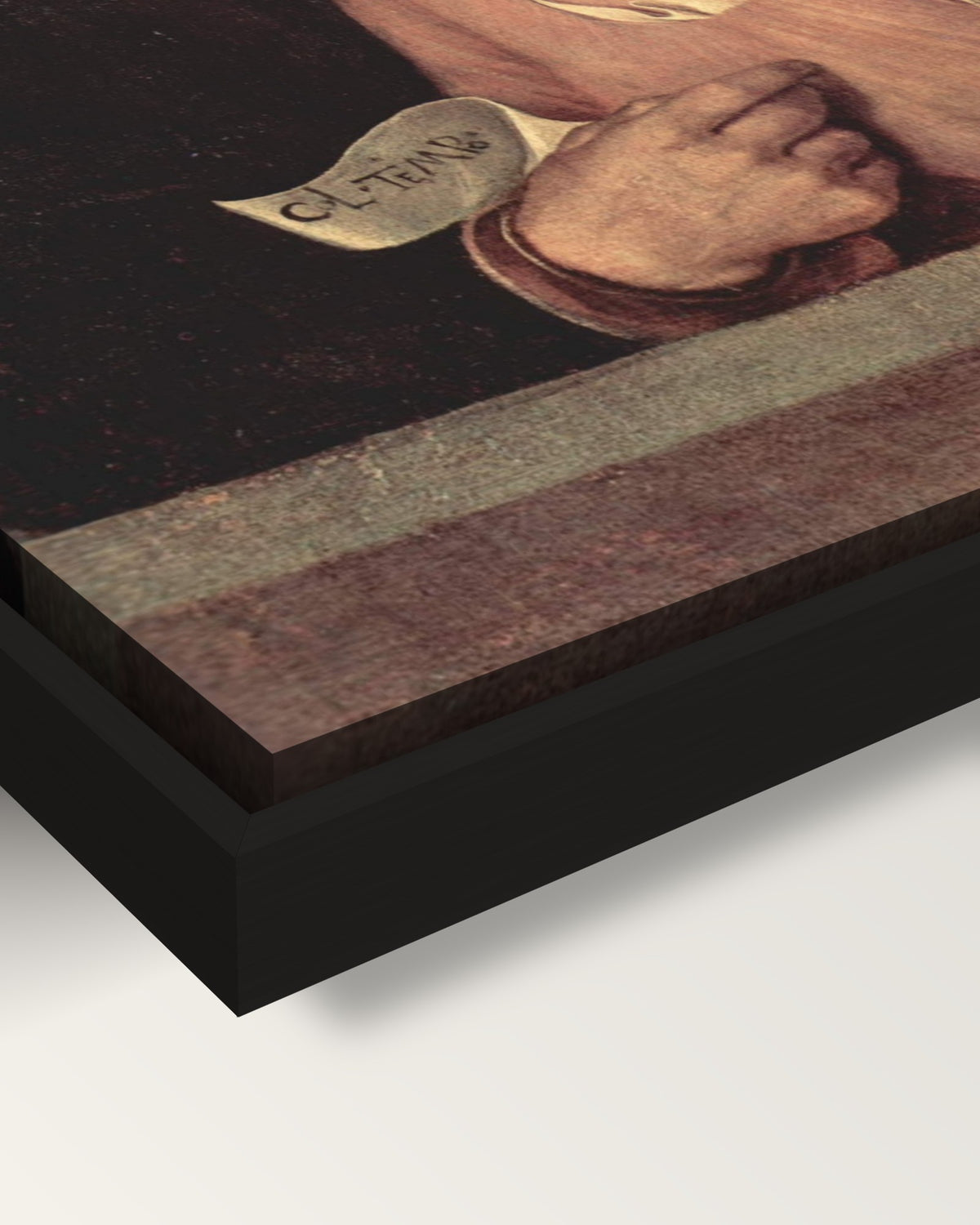 The Old Woman framed canvas, corner close-up: the canvas in a slim black floating frame, its painted edge in the shadow gap