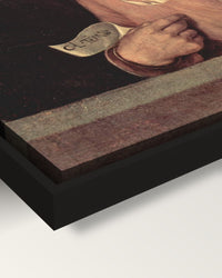 The Old Woman framed canvas, corner close-up: the canvas in a slim black floating frame, its painted edge in the shadow gap