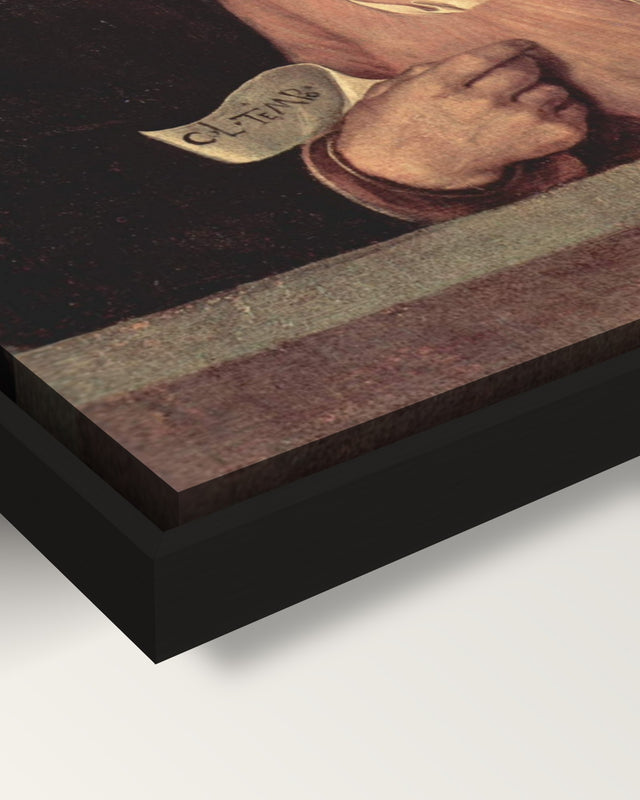 The Old Woman framed canvas, corner close-up: the canvas in a slim black floating frame, its painted edge in the shadow gap