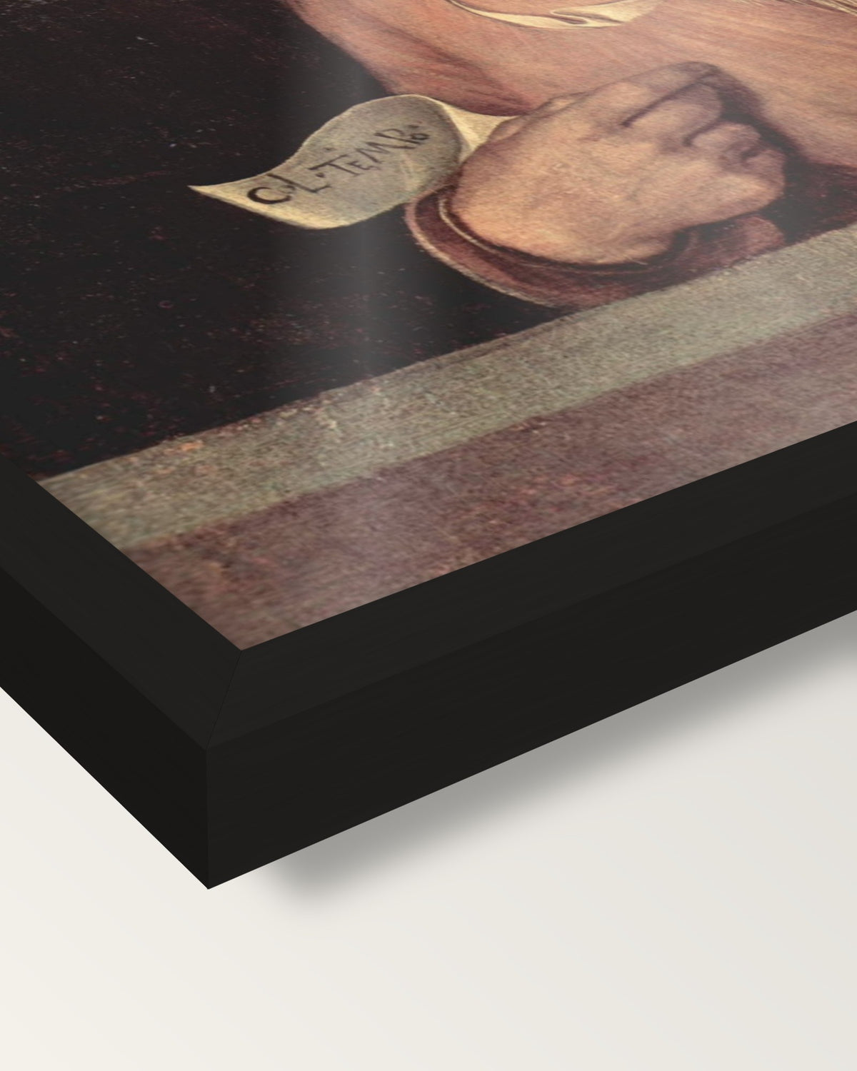 The Old Woman by Giorgione framed print, corner close-up: black moulding, the print edge to edge behind plexiglass, no mat