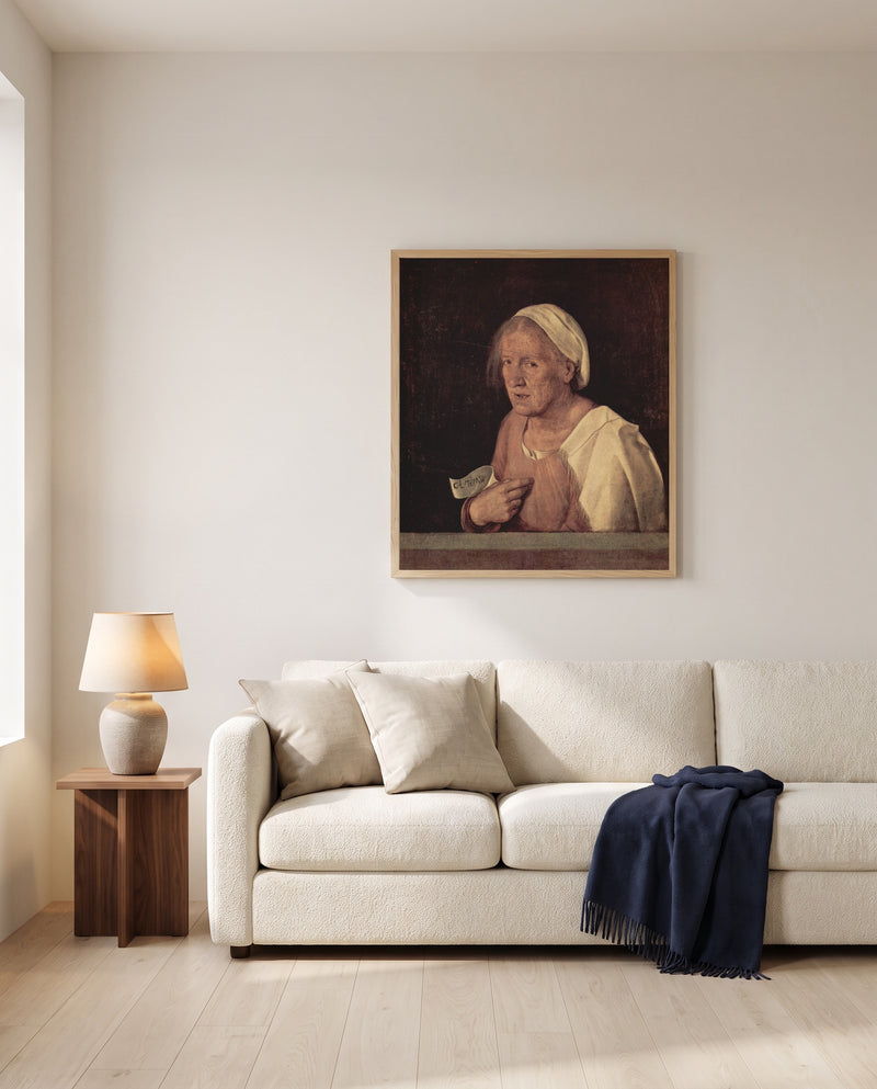 The Old Woman by Giorgione framed in natural oak above a cream sofa in a warm living room