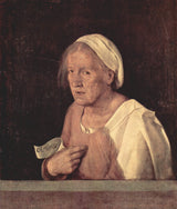 The Old Woman by Giorgione: an old woman in a white cap and pink dress holds a scroll reading Col tempo, behind a ledge