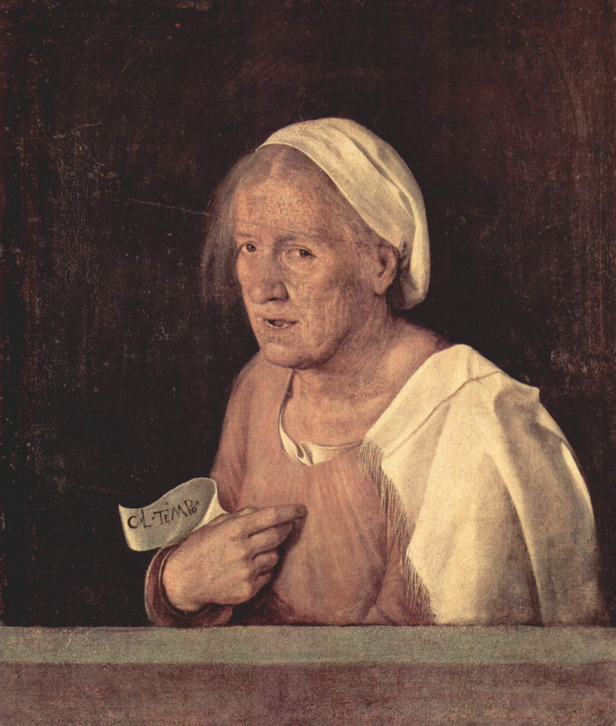 The Old Woman by Giorgione: an old woman in a white cap and pink dress holds a scroll reading Col tempo, behind a ledge