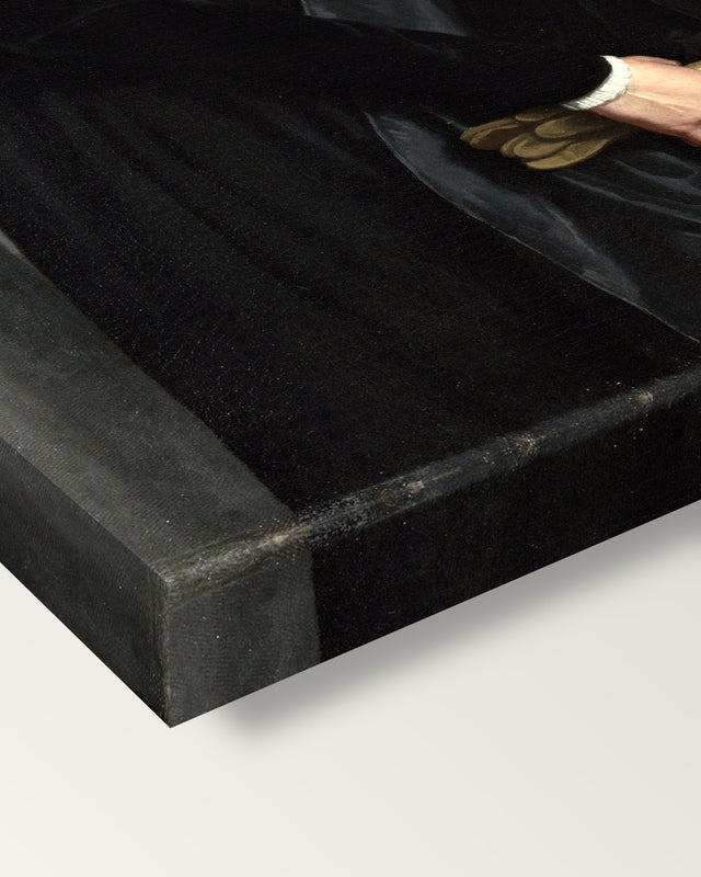 Canon Ludovico di Terzi by Moroni on stretched canvas, corner close-up: the painting mirror-wrapped round the sides