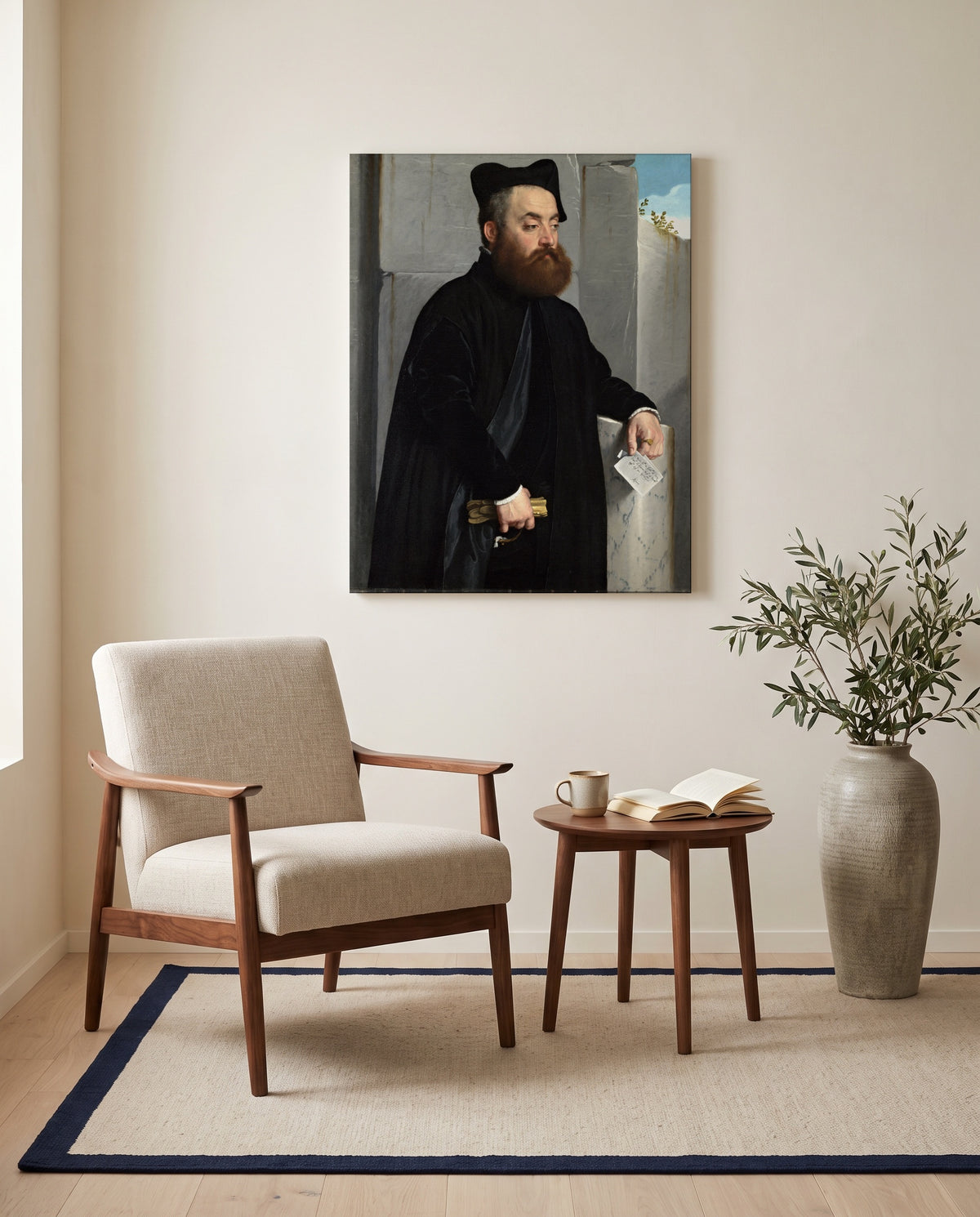 Canon Ludovico di Terzi by Giovanni Battista Moroni as a stretched canvas above a linen lounge chair in a reading corner
