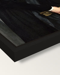 Canon Ludovico di Terzi by Moroni framed canvas, corner close-up: a black floating frame with a shadow gap round the canvas