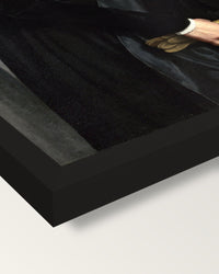 Canon Ludovico di Terzi by Moroni framed print, corner close-up: black moulding, mitred, the print set just below its edge