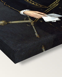 Left-Handed Gentleman by Moroni on stretched canvas, corner close-up: the painting mirror-wrapped round the sides