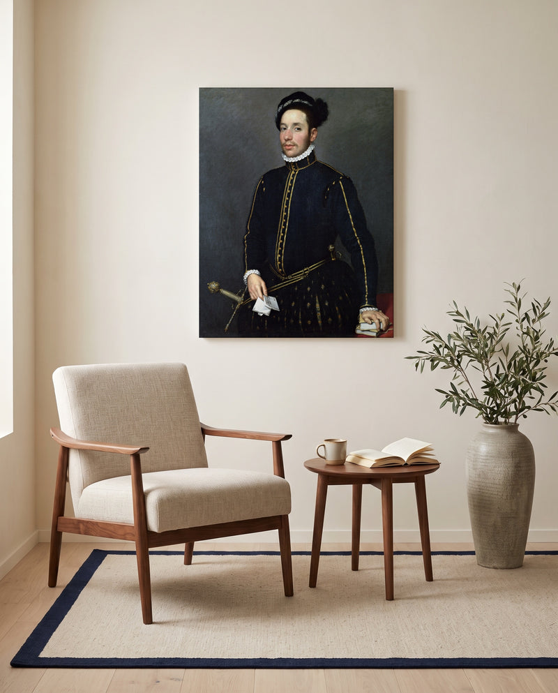 Left-Handed Gentleman by Giovanni Battista Moroni as a stretched canvas above a linen lounge chair in a reading corner
